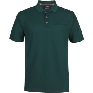 A green polo shirt with a collar, three buttons, and a chest pocket, featuring a logo.