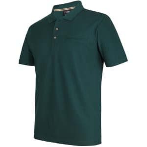 A dark green polo shirt made from recycled polyester, featuring a collar, buttons, and a pocket. It has a logo.