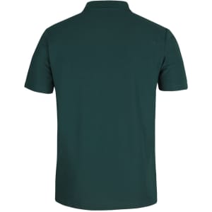 A green polo shirt made from recycled polyester, featuring a collar and short sleeves, with a logo on the fabric.