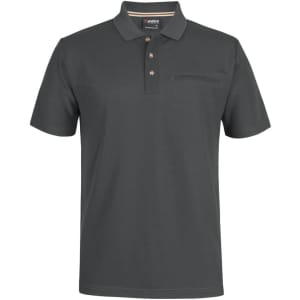 A dark grey polo shirt made from recycled polyester, featuring a pocket and a logo on the chest.
