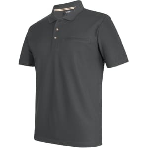 A dark grey polo shirt made from recycled polyester, featuring a pocket and a logo on the chest.