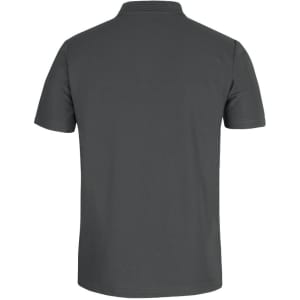 A grey polo shirt with a collar and short sleeves, featuring a logo. The back view displays the smooth fabric.