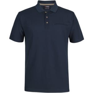 A navy polo shirt made of recycled polyester, featuring a pocket and a branded logo.