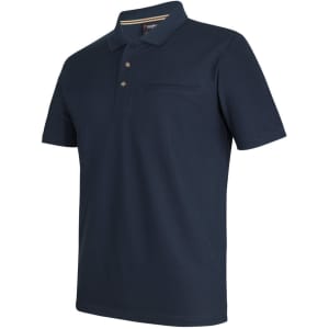 A navy blue polo shirt made from recycled polyester, featuring a small pocket and three buttons. It has a logo on the collar.