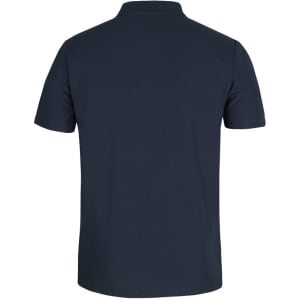 A navy polo shirt made from recycled polyester with a logo on the back. Short sleeves and a classic collar design.