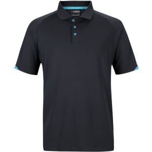 A black polo shirt featuring contrasting turquoise accents and a logo on the chest.