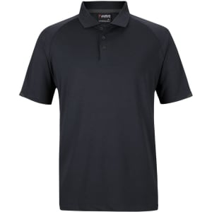 A black polo shirt featuring a buttoned placket, short sleeves, and a logo on the collar.