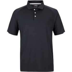 A black polo shirt featuring a contrasting neckline and a logo on the chest.