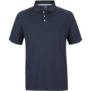 A navy polo shirt with contrasting sleeves and a collar, featuring a logo on the chest.