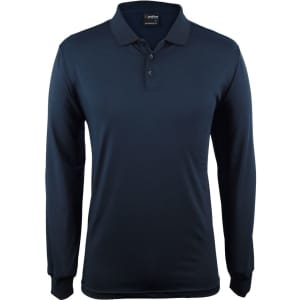 A long-sleeved navy blue polo shirt featuring a collar and three buttons, with a logo on the chest area.