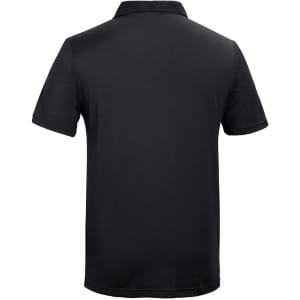 A black polo shirt with a classic short-sleeve design and a collar. It features a logo on the garment.