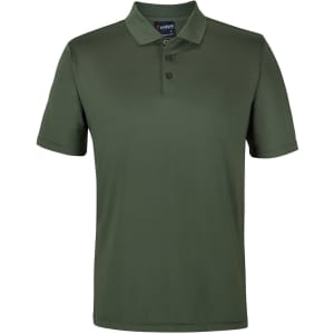 An olive green polo shirt with a collared neck and three buttons, featuring a logo on the label.