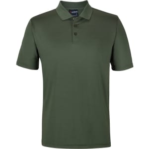 A green polo shirt with a collar, featuring three buttons and a logo on the label.