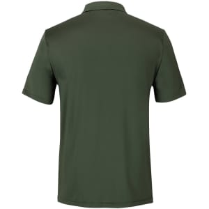 A green polo shirt featuring a collar and short sleeves, displayed from the back. It has a branding logo.
