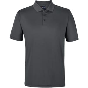 A grey polo shirt with a classic collar and three-button placket, featuring a logo.