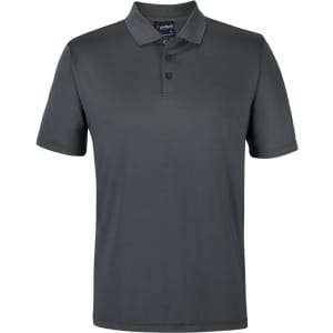 A dark grey polo shirt with a collar and three buttons, featuring a branding logo on the inside.