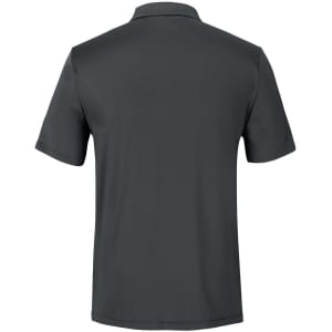 A dark grey polo shirt featuring a classic collar and short sleeves, with a logo on the back.