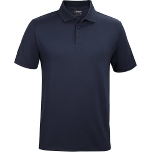 A navy blue polo shirt featuring a collar, buttons, and a logo on the chest.