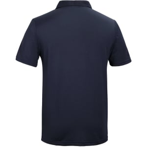 A navy polo shirt featuring a classic collar and short sleeves, complete with a branding logo.