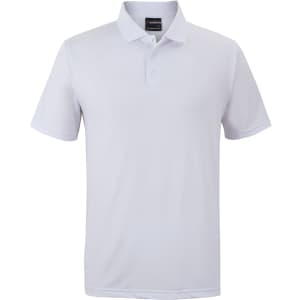 A white polo shirt featuring a collar, short sleeves, and a logo on the chest.