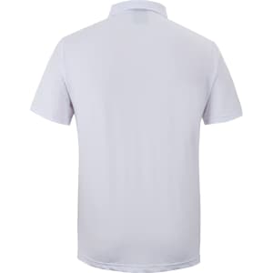 A white short-sleeved polo shirt with a collar, featuring a logo on the back.