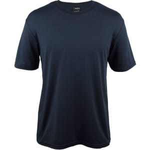 A navy blue t-shirt with short sleeves and a round neckline, featuring a branding logo.
