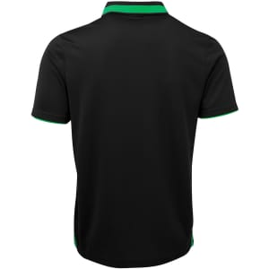 A black polo shirt with green detailing on the collar and sleeves, featuring a logo.