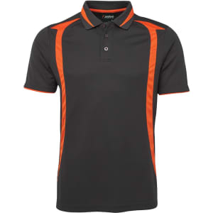 A black polo shirt featuring orange accents and a branded logo on the collar.