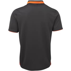 A grey polo shirt with orange accents and a logo on the back.