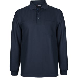 A navy long-sleeve polo shirt featuring a pocket and a three-button placket, with a logo on the collar.