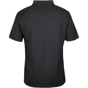 A black polo shirt with a waffle texture, featuring a collar and short sleeves, and a logo on the back.