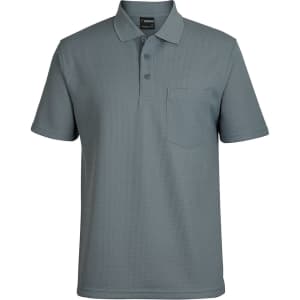 A grey polo shirt with a waffle texture and a chest pocket. It features a logo on the collar.
