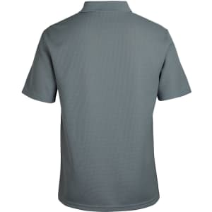A polo shirt in a muted green colour, featuring a textured fabric and a collar. The back view is displayed.