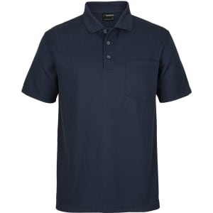A navy blue polo shirt with a pocket and three buttons on the front. It features a logo on the label.