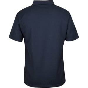 A navy polo shirt with a textured fabric, featuring a collar and short sleeves, and a logo on the back.