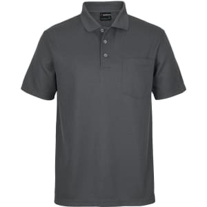 A grey polo shirt with a textured fabric, featuring a collar, buttons, and a chest pocket. It has a logo on the label.