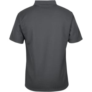 A dark grey polo shirt with a short collar and a textured fabric, featuring a logo on the back.