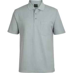 A light grey polo shirt with a pocket, featuring a collar and buttons, and includes a logo.