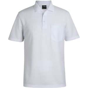 A white waffle pocket polo shirt featuring a collar and a chest pocket, with branding on the label.