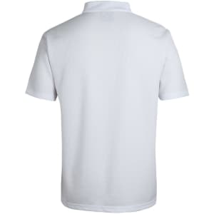 A white polo shirt with a textured fabric and a collar, featuring a logo on the back.