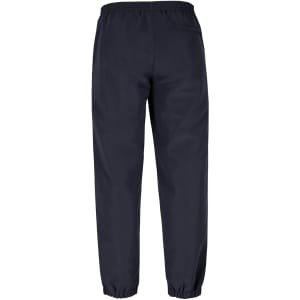 Track pants in dark navy with an elastic waist and cuffs, featuring a back pocket and a logo.