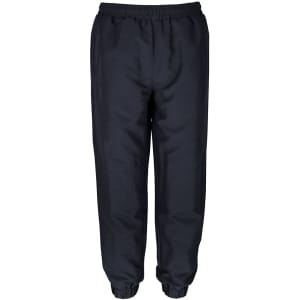 Track pants in solid black with an elastic waistband and cuffs, featuring a logo on one side.