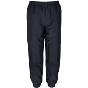Track pants in dark navy with an elastic waistband and cuffs, featuring a logo on the waistband.