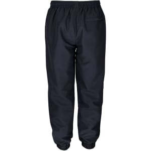 Track pants in black with an elastic waistband and slim cuffs at the ankles, featuring a rear pocket.