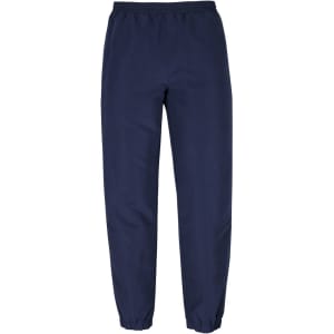 Navy track pants featuring an elastic waistband and cuffs, with a branding logo on the side.