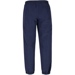 Navy track pants with an elasticated waistband and cuffs, featuring a logo.