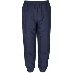 Navy track pants with an elastic waistband and cuffs. Features a logo on the side.