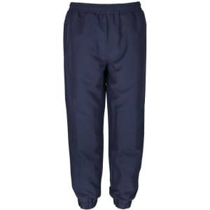 Navy blue track pants with an elastic waistband and cuffs, featuring a logo on the front.