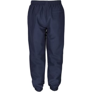 Navy track pants with an elastic waistband and a single back pocket, featuring a logo on the side.