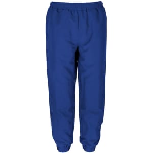 Blue track pants with an elastic waistband and cuffed legs, featuring a logo on the side.